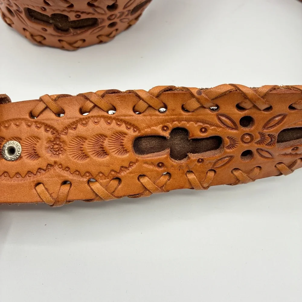 Vintage Hand Tooled Leather Belt Mens 38 Tan Whipstitch Western Boho Cutout